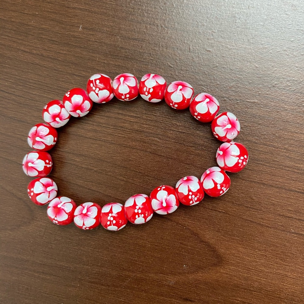 Flower Red Wood Bead Bracelet